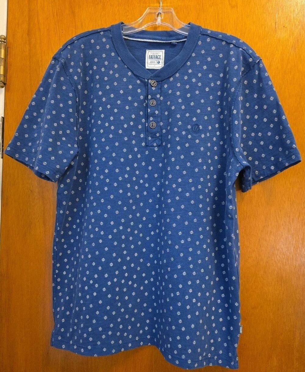Fat Face Henley T-Shirt - Navy with Diamond Print - Men's Large